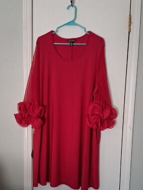 Nina Leonard Hot Pink Magenta Swing Dress Pockets Embellished Sleeves Sz 3X